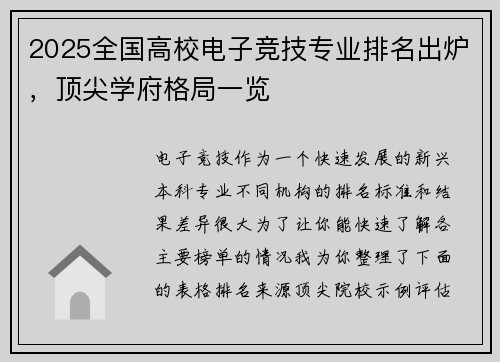 2025全国高校电子竞技专业排名出炉，顶尖学府格局一览